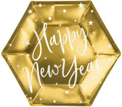 PartyDeco Papír tányér, arany, Happy New Year 6 db/cs