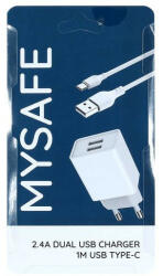 MySAFE CH24A 2xUSB-A hálózati töltő adapter, USB-C kábel, 1m, 2.4A, fehér