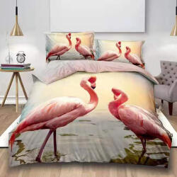 Ralex Lenjerie de pat dublu 4 piese 220 x 230 cm Digital Print 3D, Portocaliu/Albastru Flamingo Pucioasa Lenjerie de pat