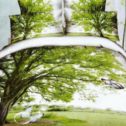 Ralex Lenjerie de pat dublu 4 piese 220 x 230 cm Digital Print 3D, Alb/Verde Peisaj copac Pucioasa