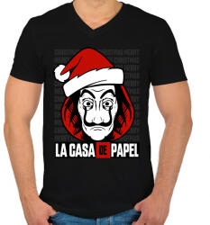 printfashion La Casa De Papel Christmas háttérrel - Férfi V-nyakú póló - Fekete (5710302)