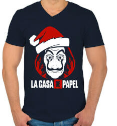 printfashion La Casa De Papel Christmas fehér - Férfi V-nyakú póló - Sötétkék (5710571)
