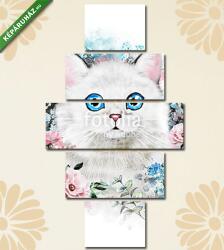 Többrészes Vászonkép, Premium Kollekció: Aranyos macska illusztráció virágok közt(135x70 cm, S01)