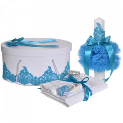 Produs vandut si livrat de S. C. Denikos Creativ S Set elegant trusou botez, cutie trusou si lumanare, decor dantela Turcoaz diafana, Denikos® 960