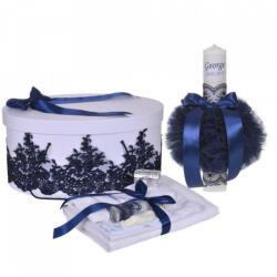 Produs vandut si livrat de S. C. Denikos Creativ S Set elegant trusou botez, cutie trusou si lumanare personalizata cu nume, decor dantela Bleumarin, Denikos® 936