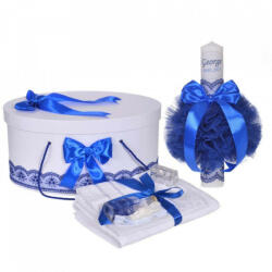 Produs vandut si livrat de S. C. Denikos Creativ S Set trusou botez, cutie trusou si lumanare personalizata cu nume, decor Albastru, Denikos® 903
