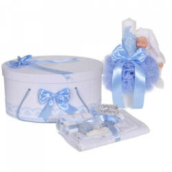 Produs vandut si livrat de S. C. Denikos Creativ S Set trusou botez, cutie trusou si lumanare iepuras pufos, dantela si fundite, decor Bleu, Denikos® 895