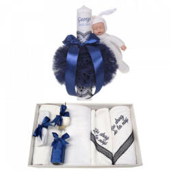Produs vandut si livrat de S. C. Denikos Creativ S Trusou botez cu mesaj si lumanare botez personalizata, decor bleumarin cu iepuras, Denikos® 792