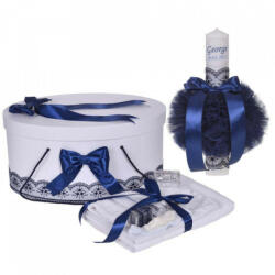 Produs vandut si livrat de S. C. Denikos Creativ S Set trusou botez, cutie trusou si lumanare personalizata cu nume, decor Bleumarin, Denikos® 900