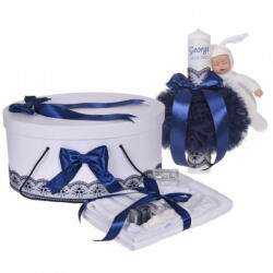 Produs vandut si livrat de S. C. Denikos Creativ S Set trusou botez, cutie trusou si lumanare personalizata cu nume, decor Bleumarin cu iepuras, Denikos® 909