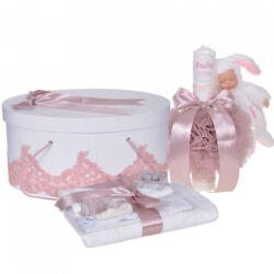 Produs vandut si livrat de S. C. Denikos Creativ S Set elegant trusou botez, cutie trusou si lumanare personalizata cu nume, decor dantela Roz pudra cu iepuras, Denikos® 947
