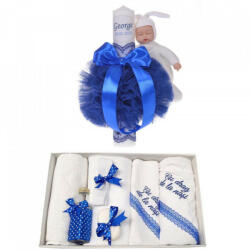 Produs vandut si livrat de S. C. Denikos Creativ S Trusou botez cu mesaj si lumanare botez personalizata, decor albastru cu iepuras, Denikos® 791