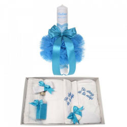 Produs vandut si livrat de S. C. Denikos Creativ S Trusou botez cu mesaj si lumanare botez personalizata, decor turcoaz, Denikos® 784