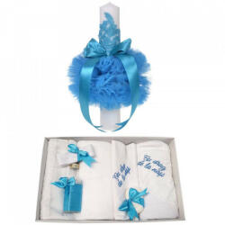 Produs vandut si livrat de S. C. Denikos Creativ S Trusou botez cu mesaj si lumanare eleganta glob cu dantela, decor turcoaz, Denikos® 746