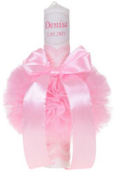 Produs vandut si livrat de S. C. Denikos Creativ S Lumanare botez personalizata, decor roz cu tul si dantela, Denikos® 722
