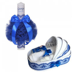 Produs vandut si livrat de S. C. Denikos Creativ S Lumanare botez personalizata si trusou botez in landou, decor Albastru, Denikos® 777