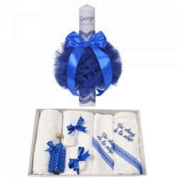 Produs vandut si livrat de S. C. Denikos Creativ S Trusou botez cu mesaj si lumanare botez personalizata, decor albastru, Denikos® 785