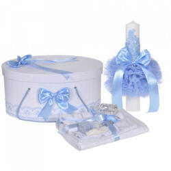 Produs vandut si livrat de S. C. Denikos Creativ S Set trusou botez, cutie trusou si lumanare, decor elegant dantela Bleu, Denikos® 922