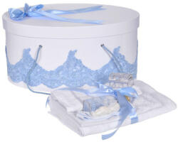 Produs vandut si livrat de S. C. Denikos Creativ S Set trusou botez si cutie trusou, dantela si fundita, decor elegant Bleu, Denikos® 853