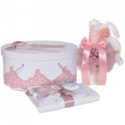 Produs vandut si livrat de S. C. Denikos Creativ S Set elegant trusou botez, cutie trusou si lumanare iepuras pufos, dantela si fundite, decor Roz pudra, Denikos® 929