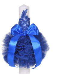 Produs vandut si livrat de S. C. Denikos Creativ S Lumanare botez eleganta cu tul, dantela si fundita, decor albastru, Denikos® 708