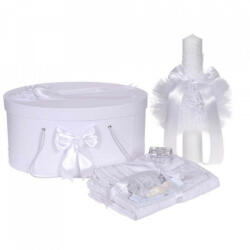 Produs vandut si livrat de S. C. Denikos Creativ S Set trusou botez, cutie trusou si lumanare, decor elegant dantela Alba, Denikos® 925