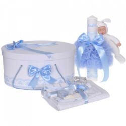 Produs vandut si livrat de S. C. Denikos Creativ S Set trusou botez, cutie trusou si lumanare personalizata cu nume, decor Bleu cu iepuras, Denikos® 913