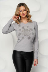 SunShine Bluza dama SunShine gri tricotata cu aplicatii cu pietre strass