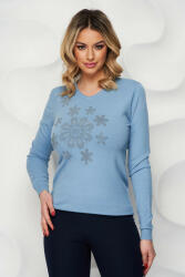 SunShine Bluza dama SunShine albastra tricotata cu aplicatii cu pietre strass