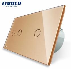 Livolo Intrerupator dublu + simplu cu touch Livolo din sticla (Auriu) (VL-C702/C701-13)