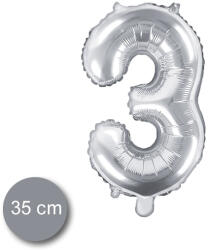 PartyDeco S. r. o 3. szám, fólia lufi, 35 cm, ezüst