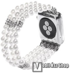  Okosóra műanyag / rozsdamentes acél szíj - FEHÉR / EZÜST - 155mm hosszú, gyönggyel és strasszkővel díszített - Apple Watch Series 1/2/3 42mm / 4/5/6/SE 44mm / 7/8 45mm / 10 46mm / Ultra / Ultra 2 49mm