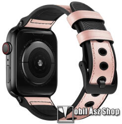  Okosóra szíj - FEKETE / RÓZSASZÍN - valódi bőr / szilikon - 115mm + 95mm hosszú - Apple Watch Series 1/2/3 42mm / 4/5/6/SE 44mm / 7/8 45mm / 10 46mm / Ultra / Ultra 2 49mm