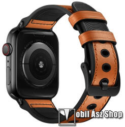Okosóra szíj - FEKETE / BARNA - valódi bőr / szilikon - 115mm + 95mm hosszú - Apple Watch Series 1/2/3 38mm / 4/5/6/SE 40mm / 7/8/9 41mm / 10 42mm
