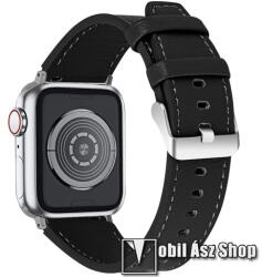Okosóra szíj - FEKETE - valódi bőr, 130mm + 90mm hosszú - Apple Watch Series 1/2/3 38mm / 4/5/6/SE 40mm / 7/8/9 41mm / 10 42mm