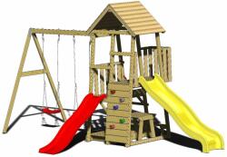 Wendi Toys Turn de joaca cu 2 platforme, panou de catarare, 2 tobogane, 2 leagane, masuta de picnic cu bancute si lada de nisip (J101) Casuta pentru copii