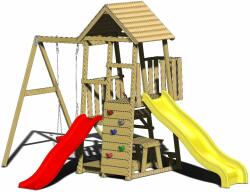 Wendi Toys Turn de joaca cu 2 platforme, panou de catarare, 2 tobogane, leagan, masuta de picnic cu bancute si lada de nisip (J81)