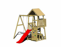 Wendi Toys Turn de joaca cu 2 platforme, panou de catarare, tobogan, leagan, masuta de picnic cu bancute si lada de nisip (J8) Casuta pentru copii