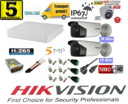 Hikvision Sistem supraveghere video Hikvision 3 camere 5MP, 2 exterior Turbo HD IR 80 M 1 interior IR 20m cu full accesorii (201901014966) - rovision