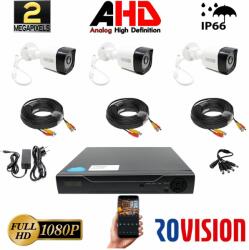 Rovision Sistem supraveghere video 3 camere exterior 2MP 1080P full hd IR 30m, DVR 4 canale, accesorii full, live internet (201901014495) - rovision