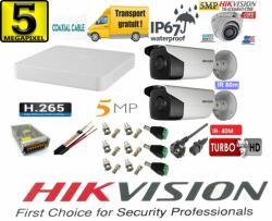 Hikvision Sistem supraveghere video Hikvision 3 camere 5MP 2 exterior Turbo HD IR 80M si IR 40M si 1 interior IR 20m DVR 4 canale cu full accesorii (201901014232) - rovision