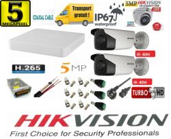Hikvision Sistem supraveghere video profesional Hikvision 3 camere 5MP 2 exterior Turbo HD IR 40 M si 1 interior IR 20m DVR 4 canale cu full accesorii (201901014971) - rovision