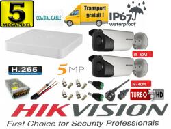 Hikvision Sistem supraveghere video Hikvision 2 camere 5MP TurboHD IR 40M cu DVR Hikvision 4 canale full accesorii internet (201901014502) - rovision