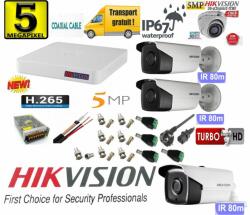 Hikvision Sistem supraveghere video Hikvision 4 camere 5MP 3 exterior Turbo HD IR 80M 1 interior IR 20m DVR 4 canale cu full accesorii (201901014316) - rovision