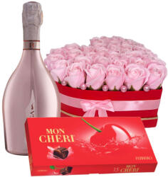 Aranjamente florale - Set pentru femei, Cutie inima cu 31 trandafiri de sapun, Spumant Bottega Rose Gold, praline de ciocolata Mon Cheri Set