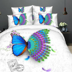 Ralex Lenjerie de pat dublu 4 piese 220 x 230 cm Digital Print 3D, Alb/Albastru Fluture Paun Pucioasa Lenjerie de pat