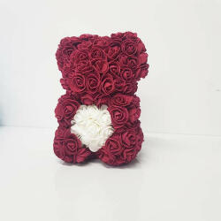 Aranjamente florale - Ursulet floral 25 cm decorat manual cu trandafiri spuma, cu inima in cutie Bordo