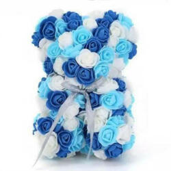 Aranjamente florale - Ursulet Floral Triple color din Trandafiri spuma in cutie cadou, 25 cm, alb-albastru Ursulet decorativ din trandafiri