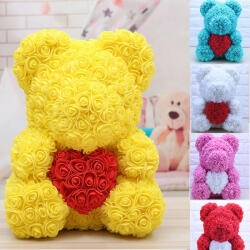 Aranjamente florale - Ursulet Rose Bear din Trandafiri de spuma cu inima, in cutie cu funda, 40 cm Gri