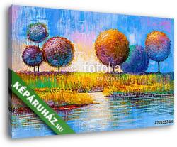 Vászonkép: Premium Kollekció: Absztrakt színes mesebeli erdő folyónál (olajfestmény reprodukció)(145x95 cm)